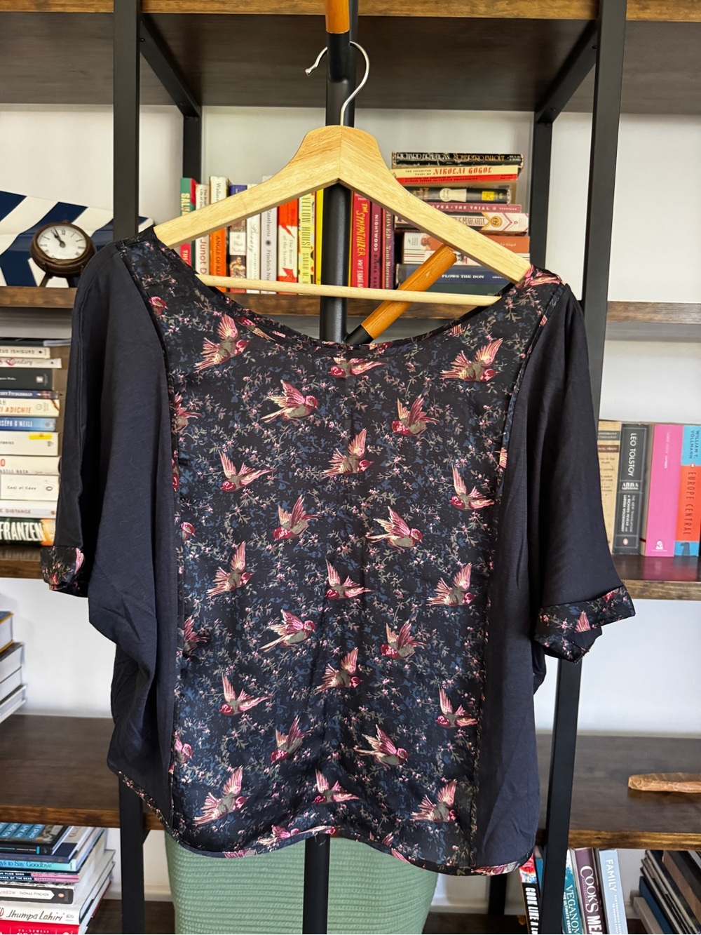 Anthropologie • Tiny Black Floral Bird Print Top